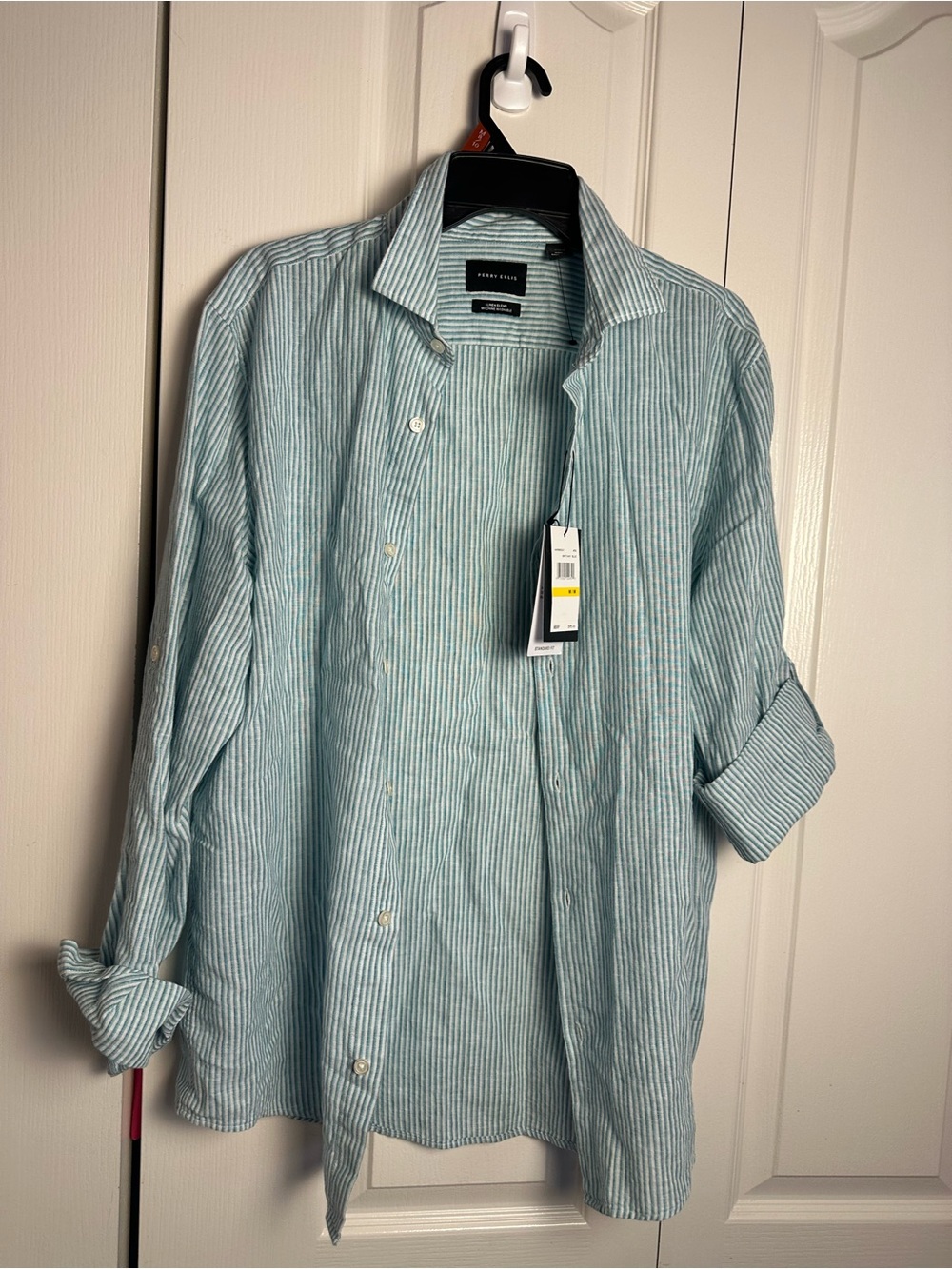 Perry Ellis Women's Blue and White Striped Button-Down Shirt
